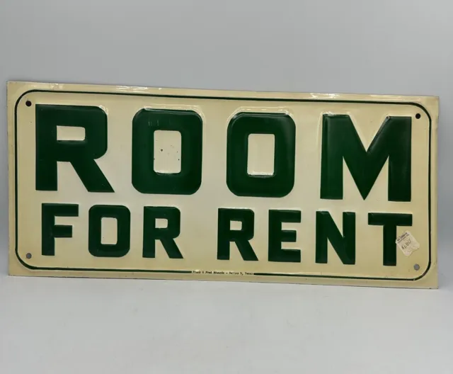 Vintage 1950s Metal Sign Room For Rent 15" x 7” Edwards Dallas USA Green Letters