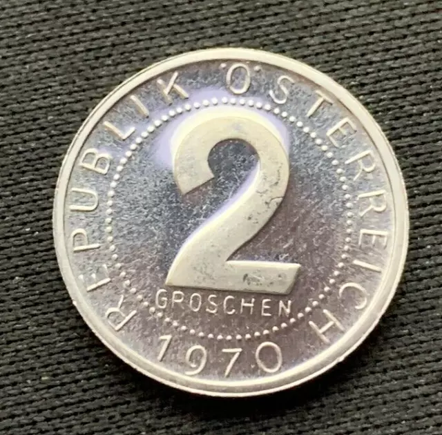 1970 Austria 2 Groschen Coin PROOF  ( Mintage 260K )  Rare World Coin     #N85