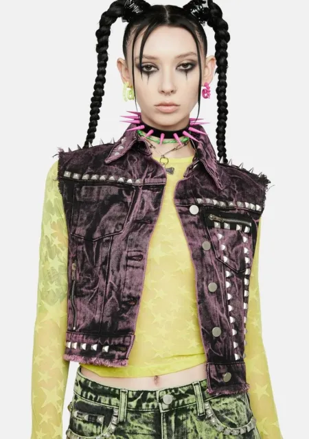 Current Mood FOR DOLLS KILL Candy Mischief Denim STUDDED SPIKED Vest L NEW PUNK