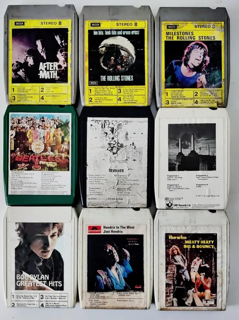 9 x 8 TRACK CASSETTES - FLOYD, STONES, WHO, HENDRIX, BEATLES, BOB DYLAN