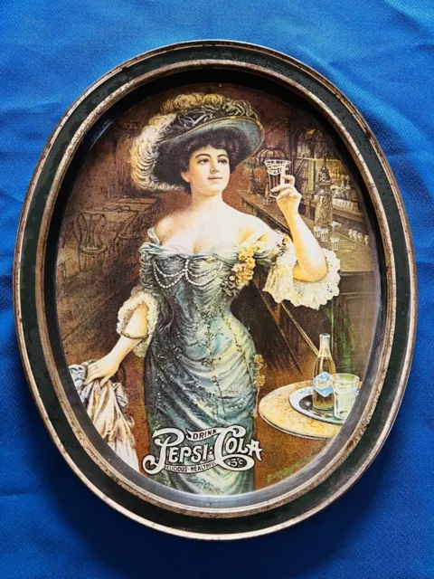 VINTAGE VICTORIAN DRINK Pepsi Cola Tip Lady Blue Tin Oval Serving Tray ...