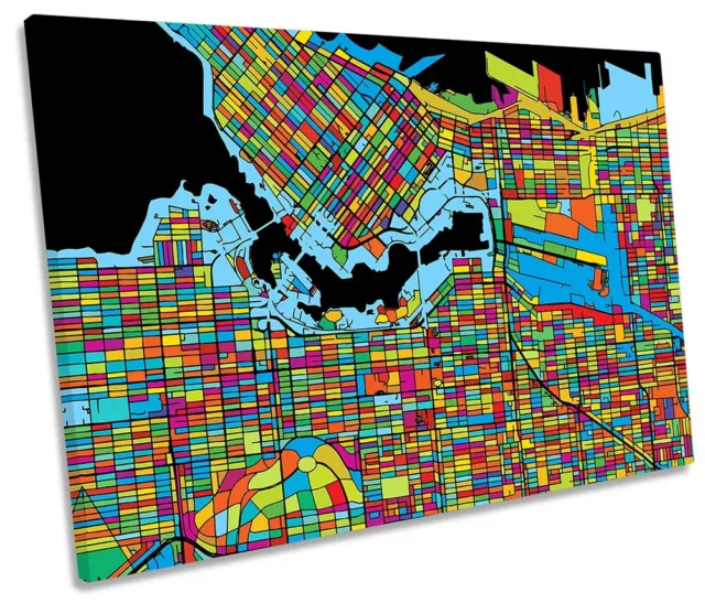 Vancouver City Modern Map Picture SINGLE CANVAS WALL ART Print Multi-Coloured