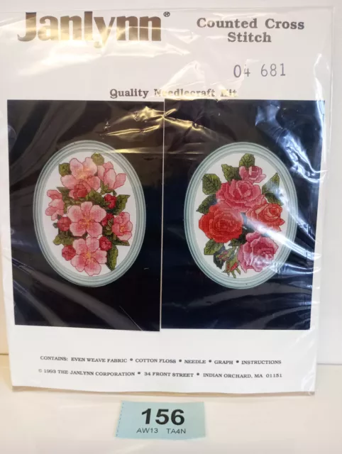 1993 Vintage JANLYNN Cross stitch kit Needlecraft Framed Flowers Roses Pink Red