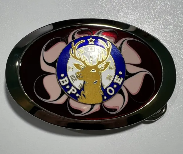 BPOE Benevolent Protective Order Of Elks VTG 80s Belt Buckle Pink Red Enamel