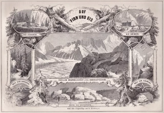 Aargletscher, Schweiz - Sammelblatt m. 8 Ansichten - Stich, Holzstich 1864