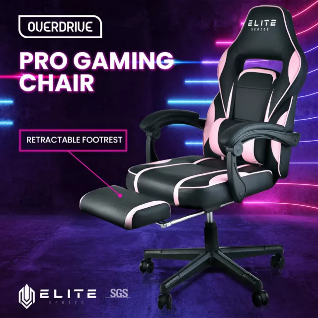 OVERDRIVE Gaming Chair Pink Racing Computer Office Ergonomic Reclining Footrest