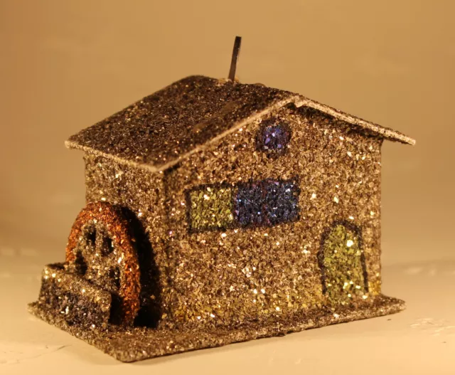 Christbaumschmuck HAUS mit MÜHLRAD Granitglimmer um 1930 MÜHLE aus Pappe