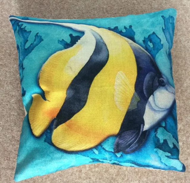 Sealife fabric cushion new 17in x 17in yellow fish