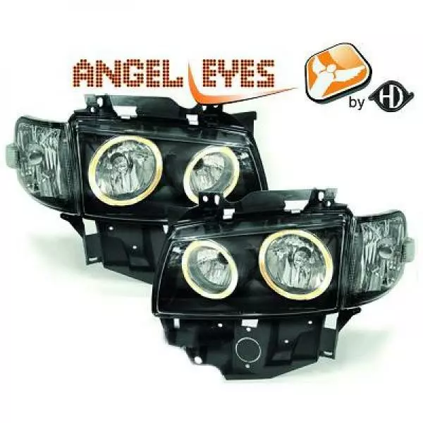 Scheinwerfer Set Passend für VW T4 1997-2003 Klarglas/Schwarz Angel Eyes