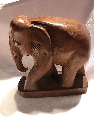 Vintage Hand-carved Solid Wood Elephant Statue Figurine w/Base
