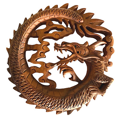 Balinese Dragon Naga Wall Art Relief Round Panel Hand Carved Wood Asian Decor
