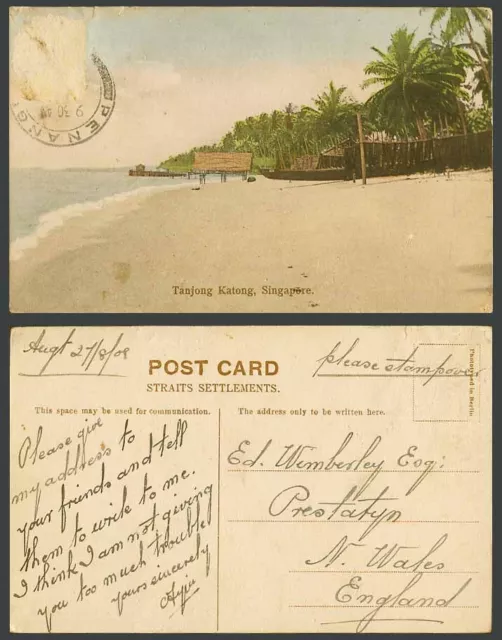 Singapore 1909 Old Hand Tinted Postcard Tanjong Katong, Beach Seaside Palm Trees