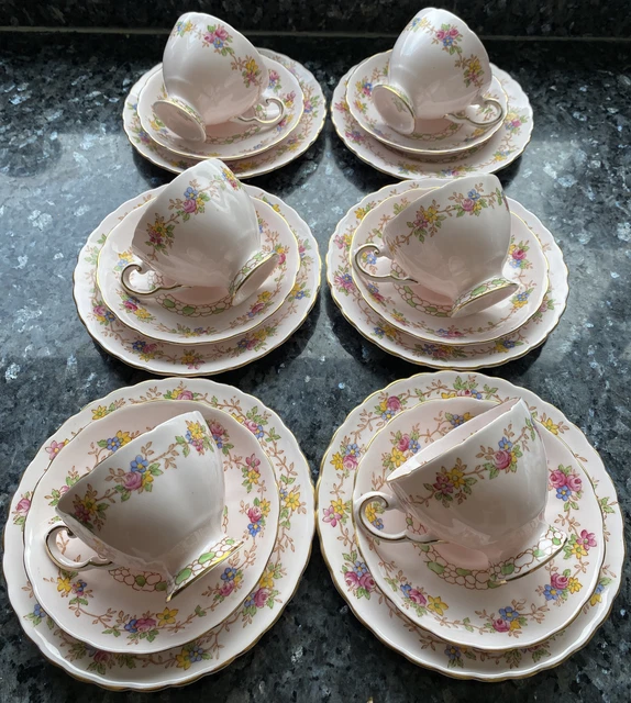 Tuscan Fine English Bone China Tea Set - 6 Trios - Pink Floral