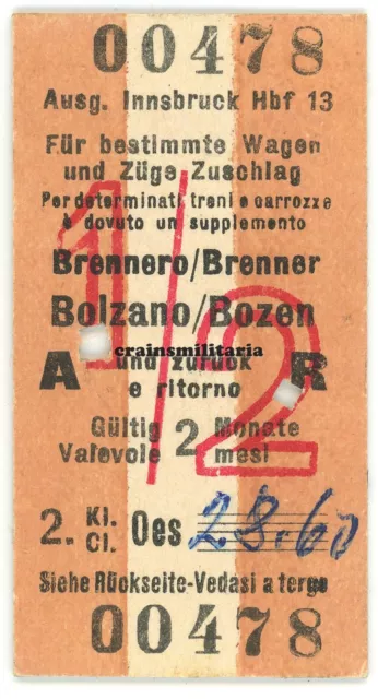 Orig. Fahrschein Fahrkarte Brenner Brennero Bolzano Bozen Italien Innsbruck 1962