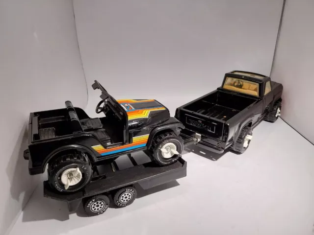 Vintage Tonka Goodrich Die Cast Black Pickup Truck with Trailer and Jeep XR-101