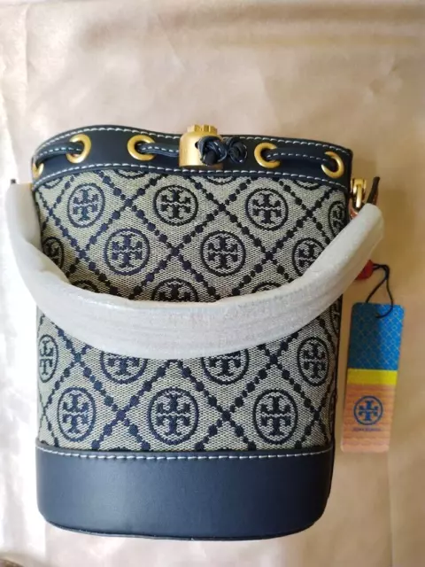 Tory Burch Handbag Bucket Bag Canvas & Leather Monogram Jacquard Gray With Box