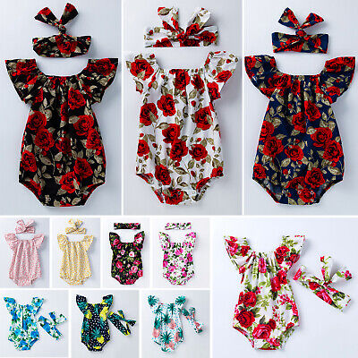 Newborn Baby Floral Print Flutter Romper Girls Summer Jumpsuit Headband Outfits