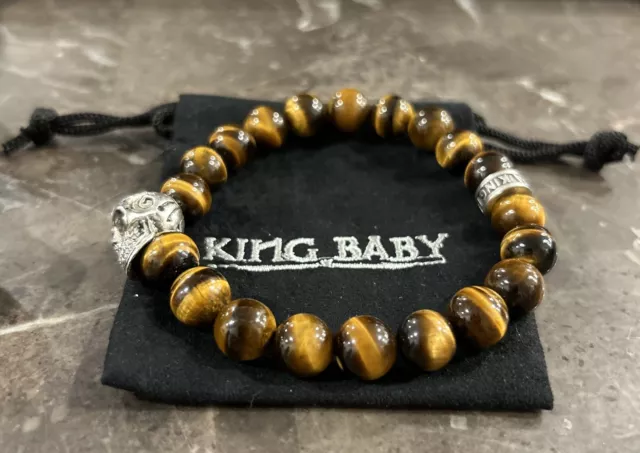 King Baby Studio Mens Sterling Silver Skull & 10mm Tiger Eye Bead Bracelet 2