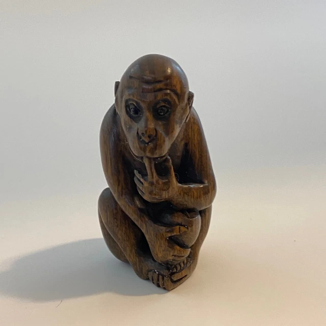 Japanese Hardwood Seated Monkey Netsuke with Himotoshi