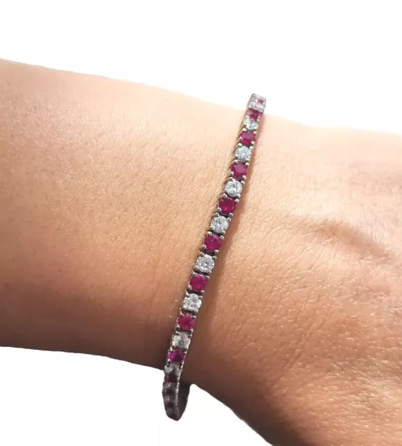 Genuine Ruby Stone Sterling Silver 925 Stamped Tennis Bracelet Clear CZ's 7"