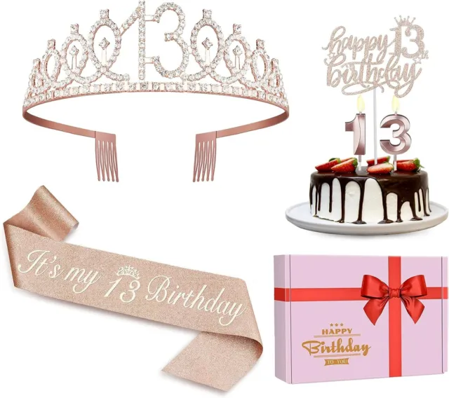 13th Birthday Decorations Girls Sash & Tiara 13 Candles, Cake Toppers