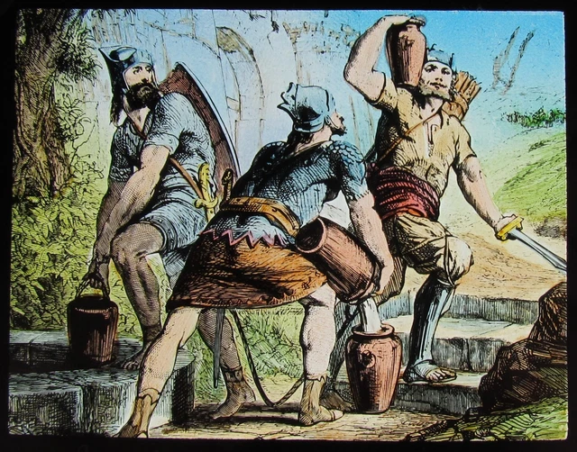 COLOUR Glass Magic Lantern Slide MIGHTY MEN DRAWING WATER C1900 RELIGIOUS BIBLE