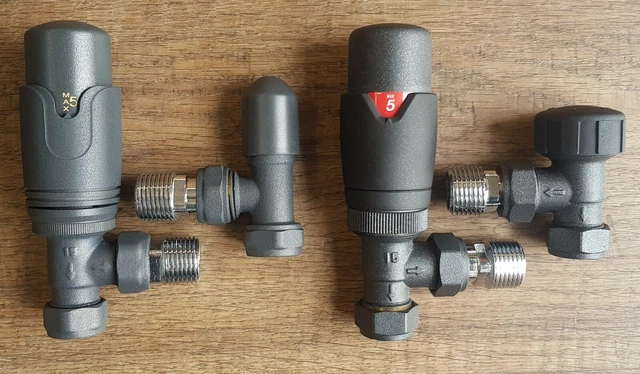 Anthracite Angled Thermostatic Radiator Valve TRV + Lockshield Pack 15mm x 1/2"