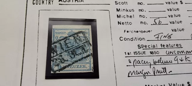 Austria 1850 KK Post Stempel 9 Kreuzer Type I Pale Blue Handmade Paper Stamp