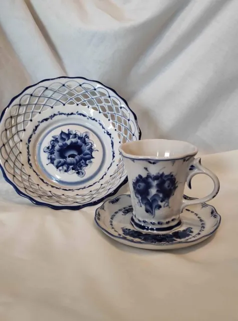 Russian Porcelain Gzhel Cup & Saucer and Candy bowl set  Handmade / Гжель, набор