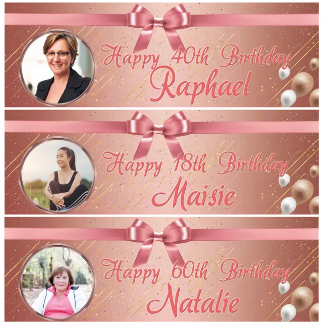 2 Personalised birthday banner photo rose gold adults girl party balloon poster