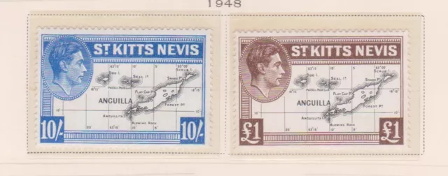 F191-41)1948 St Kitts Nevis set of 2stamps KGVI definitive 10/- &£1 pound MH (AP