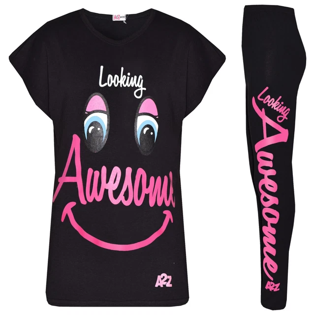 Kids Girls Tops Black Designer's Looking Awesome Print T Shirt & Legging Set