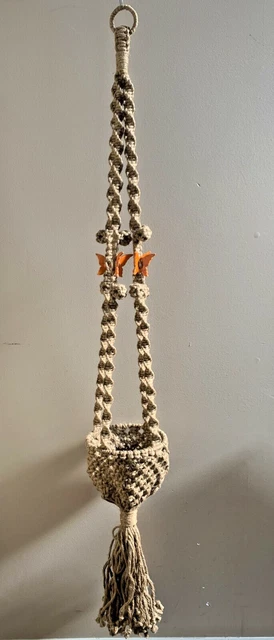 Macrame Jute Plant Hanger HANGING POT HOLDER 60” Ceramic Orange BUTTERFLY (#256)