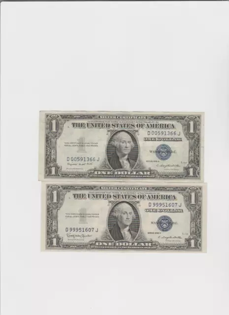 2 Notes 1935 G-H (1 with motto & 1 without motto) One dollar Silver Certificate