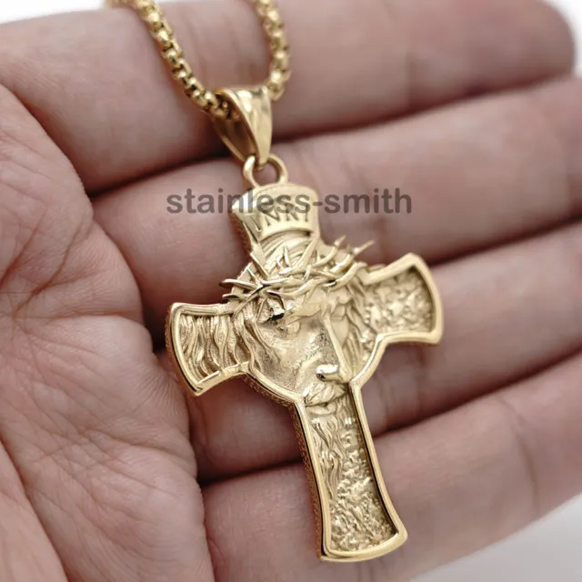 Mens Gold Jesus Face Crucifix Cross Pendant Necklace For Men Stainless Steel