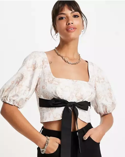 ASOS Design Floral Print Square Neck Puff Sleeve Crop Top With Tie Waist