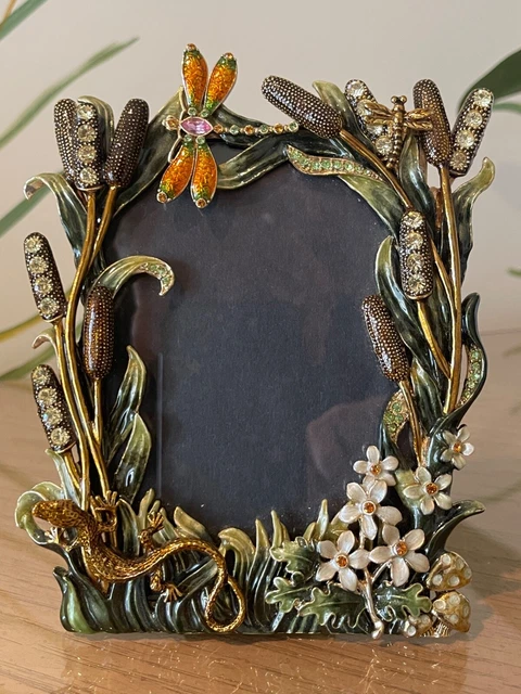 GORGEOUS Dimensional Enamel & Crystal Picture Frame DRAGONFLY,FLOWERS,SALAMANDER 2