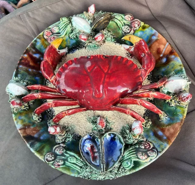 Antique Victorian Vintage Palissy Ware Majolica Crab Dish Wall Plate Alvaro Jose