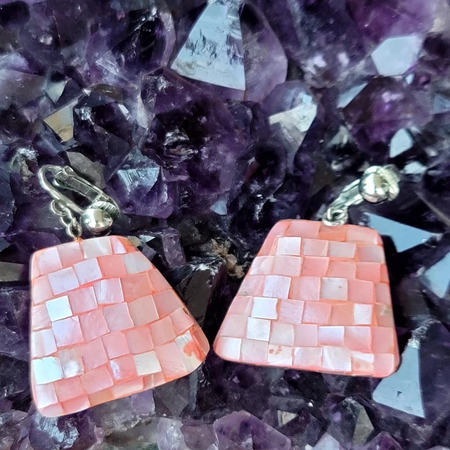 Vintage Earrings Square Checker Pink Mother Of Pearl Silver Tone Clip-On Spring