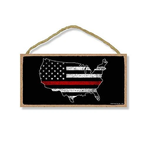 Firefighter Patriotic Signs, Thin Red Line American Flag Map 5 inch by 10