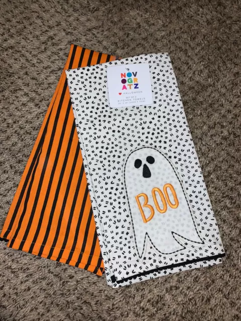 NOVOGRATZ Halloween GHOST BOO Kitchen Dish TOWELS Thanksgiving Set Of 2 NWT