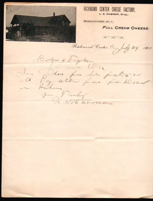 1900 Richmond Center Cheese Factory - L S Harmon - Ohio - Rare Letter Head Bill