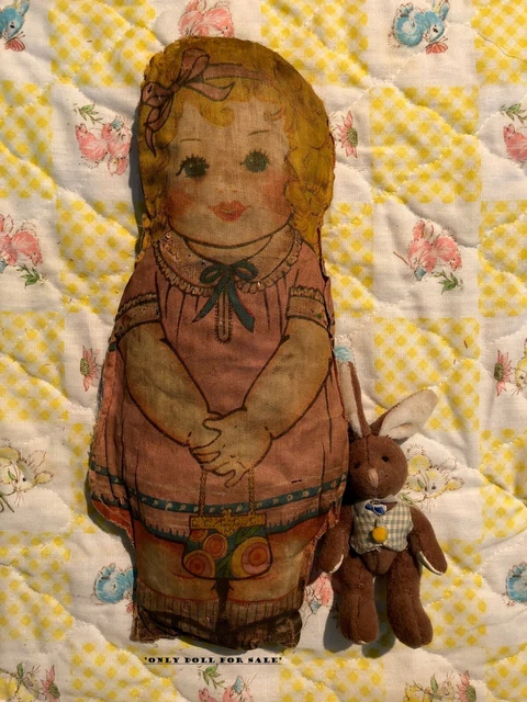 Antique Cloth Baby Girl Rag Doll Double Sided Sawdust TLC Old Toy Primitive 1pc