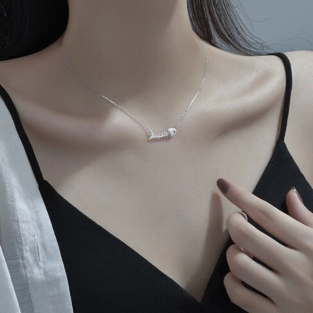 925 Silver Filled Fish Bone Pendant Chain Necklace Womens Girls Jewellery Choker
