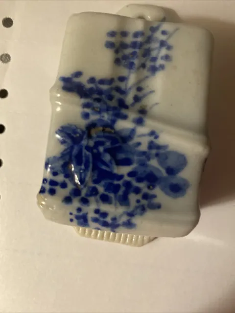 Antique Porcelain Oriental Blue Flowers Wall Match Holder W/ Striker Circa 1900s