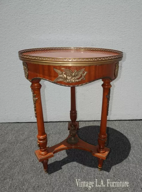 Vintage French Louis XVI Side Table w Brass Ormolu Marquetry Inlay Brass Fencing