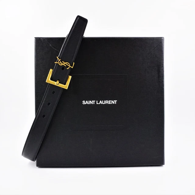Saint Laurent Cassandre Grained Leather Belt W/ Square Buckle In Black - Size 65