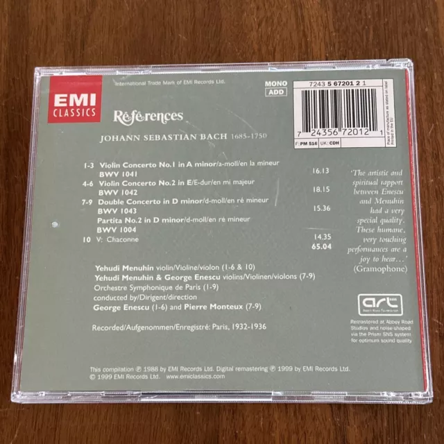 Bach: Violin Concertos; Chaconne - Yehudi Menuhin / Enescu (CD, 1999, EMI) 2