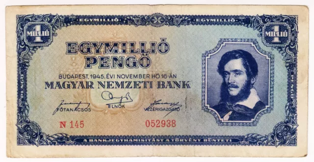 1945 Hungary 1 Million Pengo 052938 Paper Money Banknotes Currency