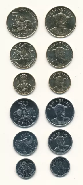 Swaziland Eswatini _ set 6 coins 10 20 50 Cents 1 2 5 Emalangeni 2018 - 2021 UNC
